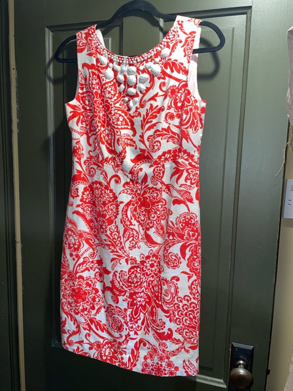 Sleeveless White Dress with Red Floral Print with embellishments